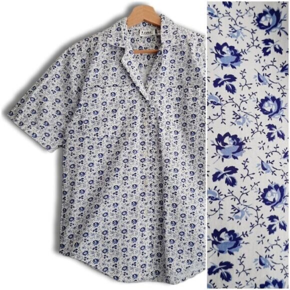 TABI | 100% Cotton Ditsy Floral Button Down Shirt White & Blue Sz 6 - Picture 1 of 12